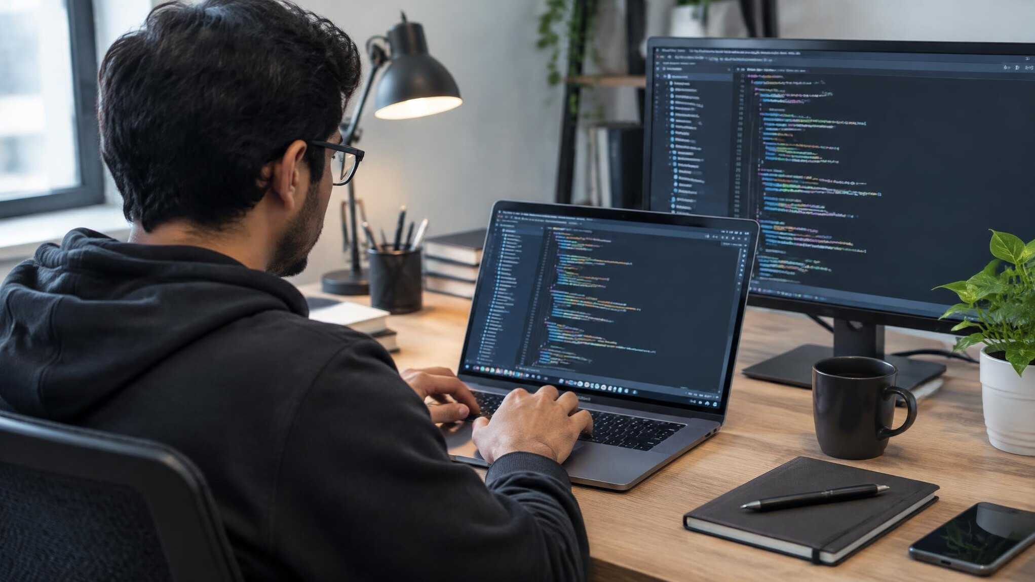 programmer writing code on laptop