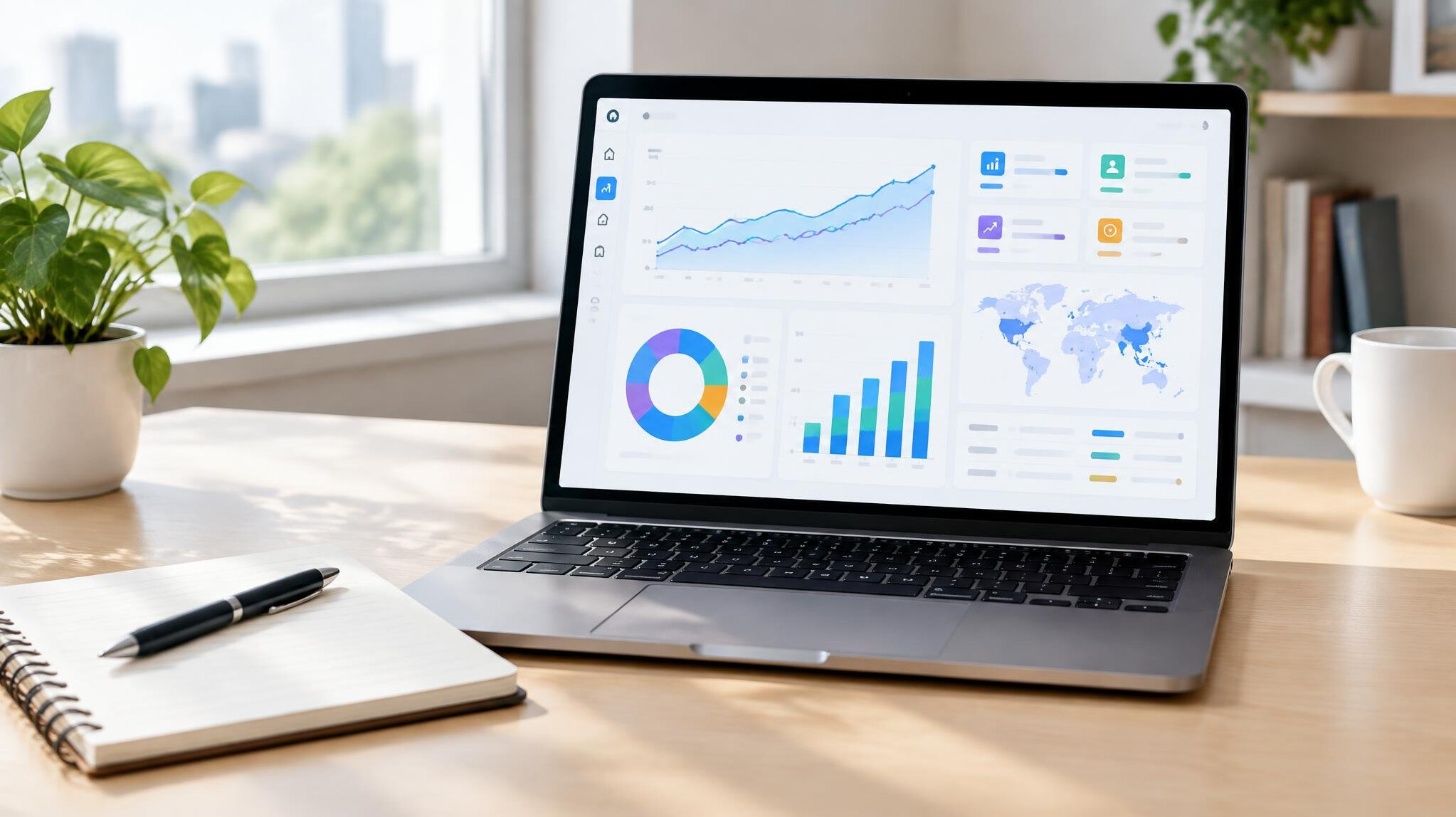 Laptop screen with data charts and analytics dashboard