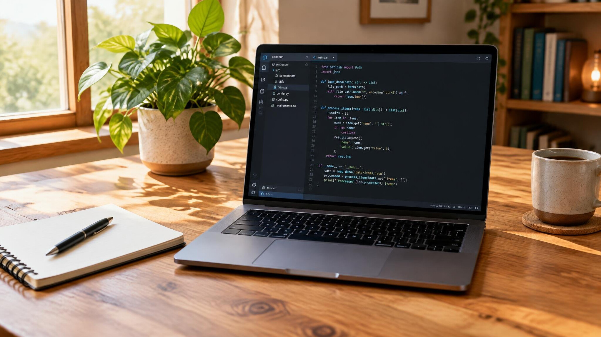 Laptop with code editor open on a wooden desk