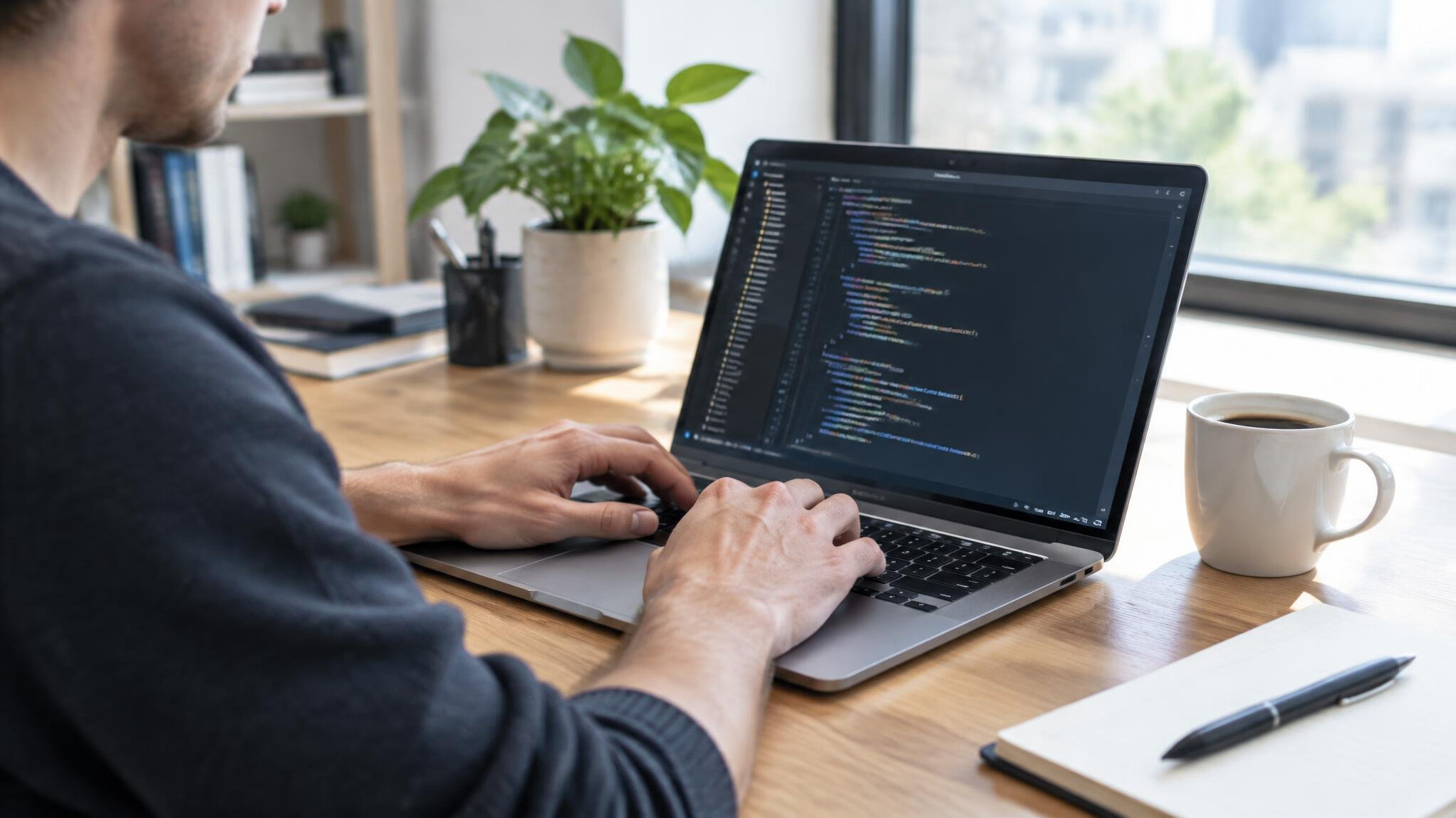 Hands typing on a laptop in a bright modern office