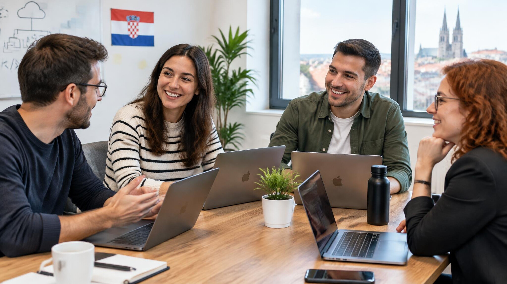 Team of colleagues discussing around a table with laptops